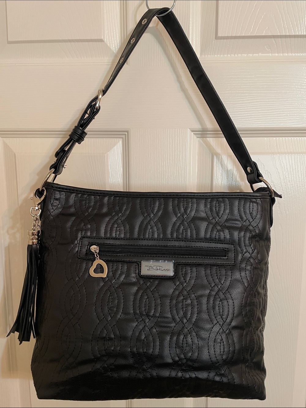 Quilted Black Shoulder Bag with Heart Tassel Charm